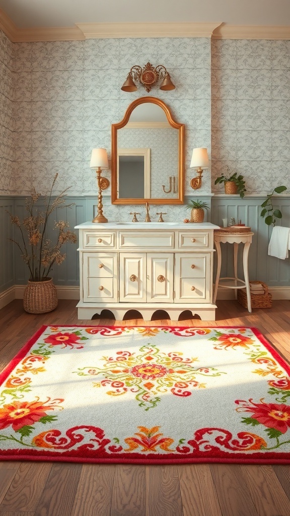 A brightly colored floral rug in a bathroom setting, adding vibrancy to the decor.