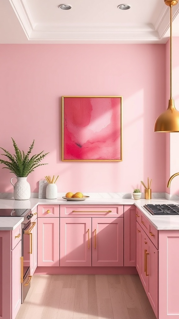 A cozy pink kitchen featuring pink cabinets, a modern abstract wall art piece, and gold accents.