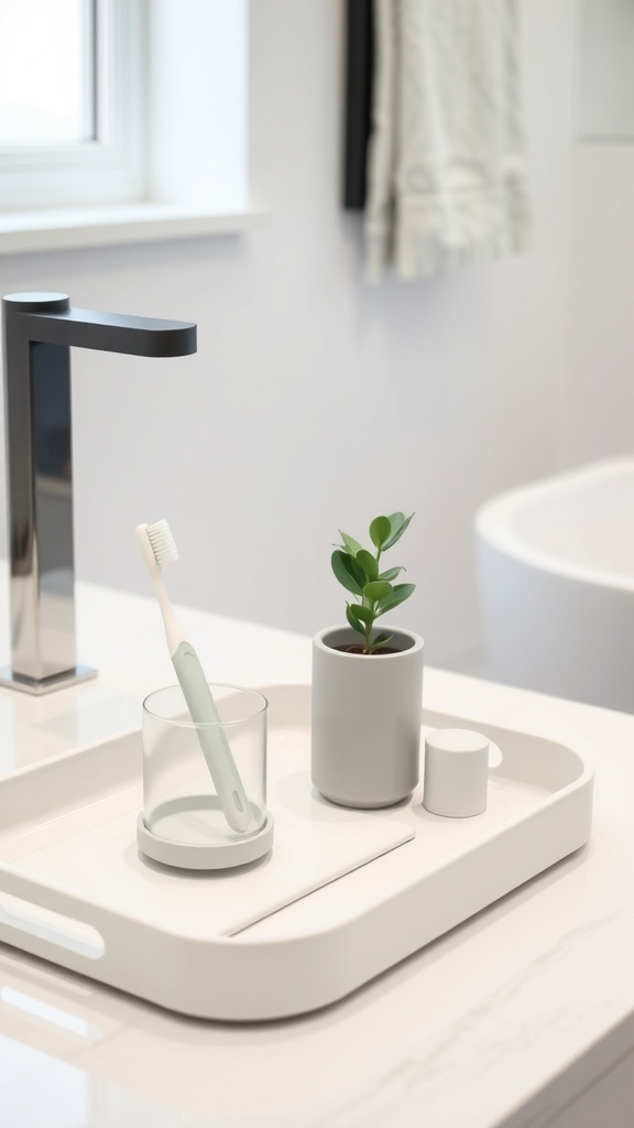 A minimalist bathroom tray with a toothbrush holder, a small plant, and other modern accessories.