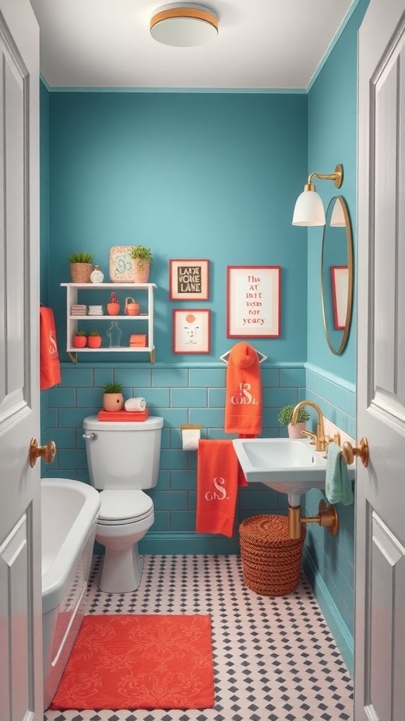 A bright and lively bathroom featuring coral towels and decor against turquoise walls.