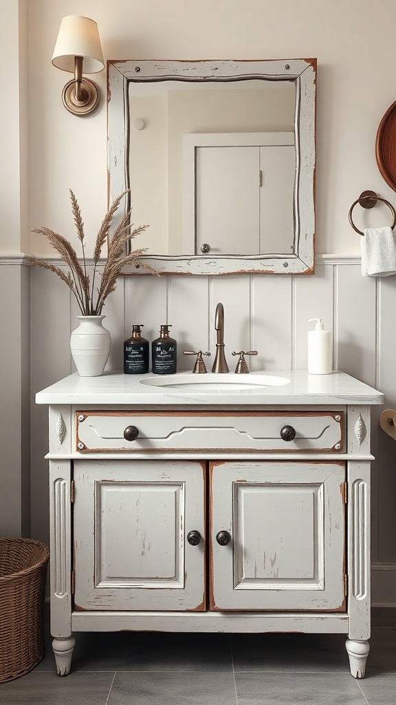 Farmhouse style bathroom vanity with a distressed white finish, decorative knobs, and a rustic mirror.