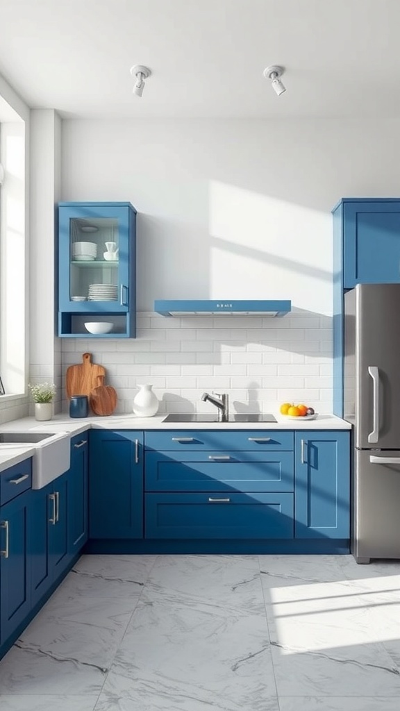 A modern kitchen featuring navy blue cabinets, white subway tile backsplash, and marble flooring.
