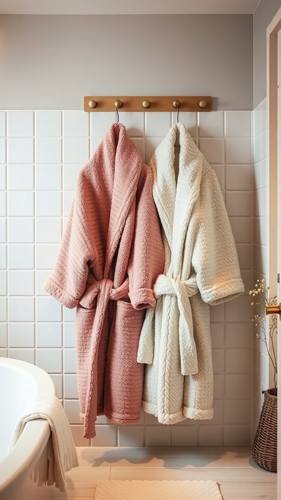 Two comfortable bathrobes hanging on a wall hook in a bathroom, one pink and one cream.