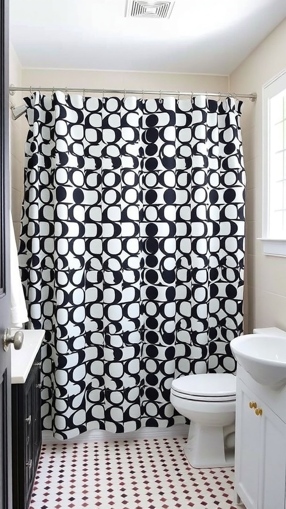 A black and white shower curtain with a circular pattern in a bathroom setting.