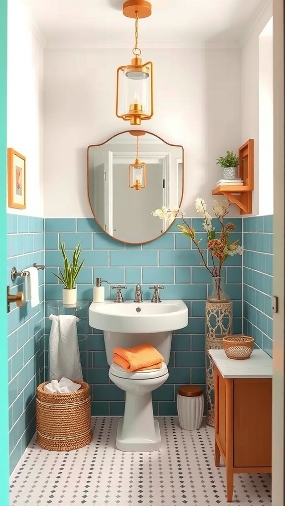 A colorful bathroom featuring turquoise tiles and orange accents, with plants and stylish decor.