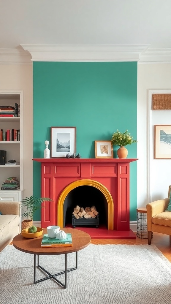 A bright red fireplace with a yellow arch against a teal wall, surrounded by neutral furniture and decor.