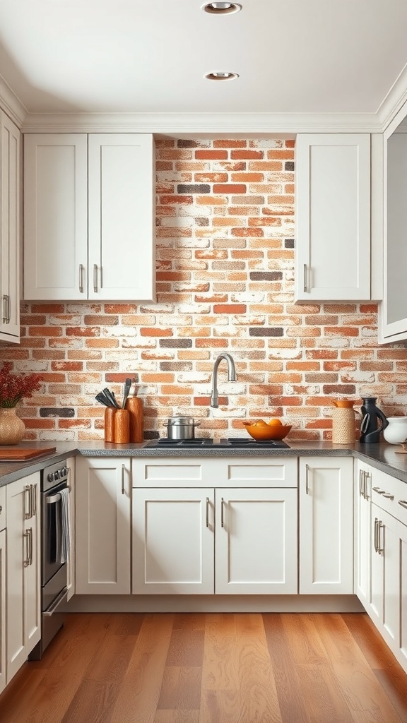 A kitchen with a layered brick backsplash, white cabinets, and modern countertops.