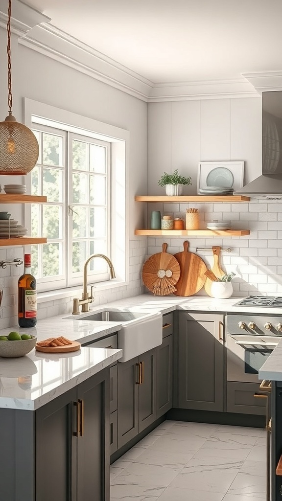 Modern kitchen with sleek marble countertop and dark cabinetry, featuring open shelving with decorative items.