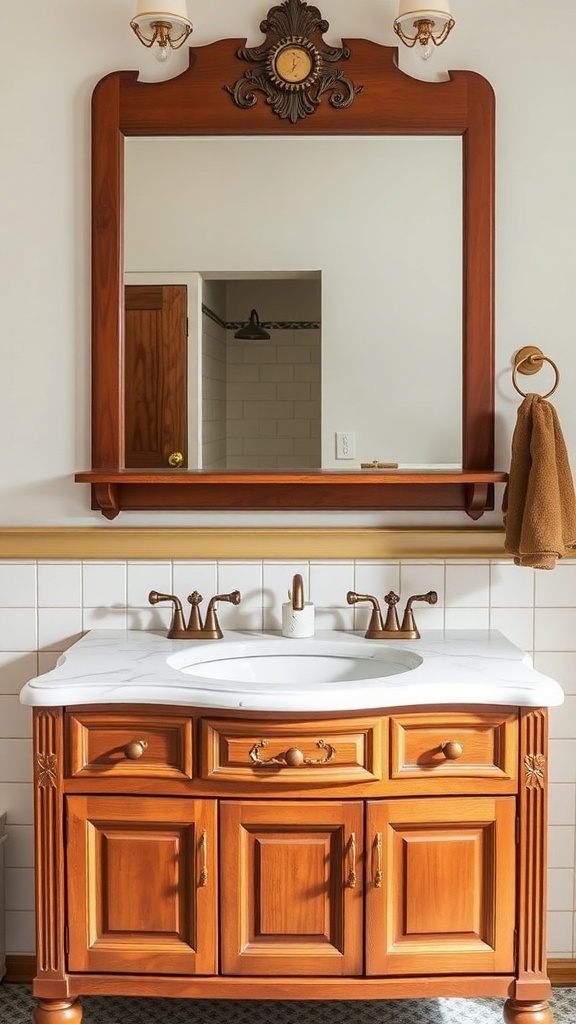 A classic wooden bathroom vanity with a marble countertop, decorative mirror, and vintage light fixtures.