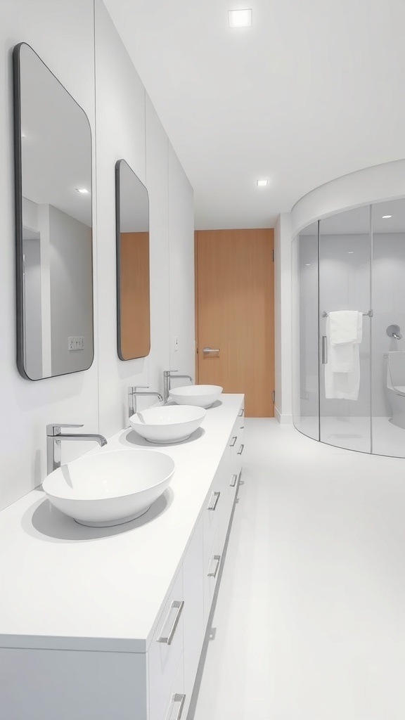 Modern bathroom with sleek white countertops and round sinks