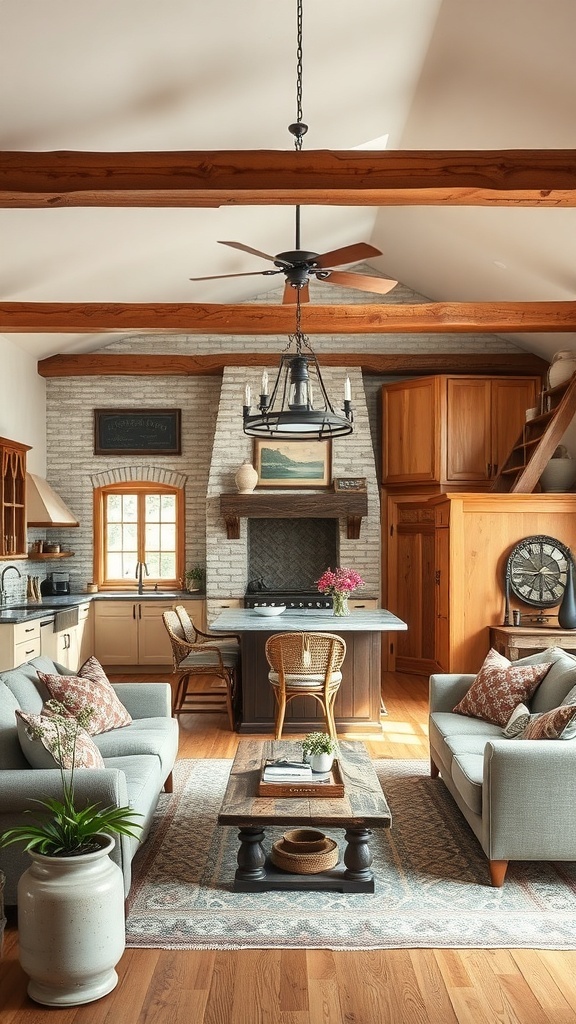 Stylish rustic kitchen and living room combo with vintage finds and wood beams