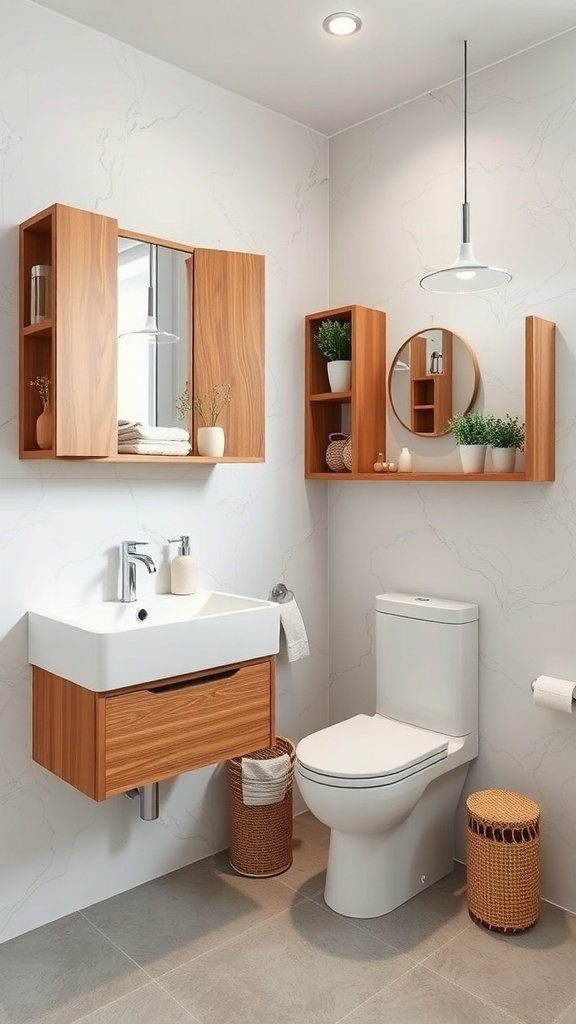 Modern bathroom with wall-mounted wooden shelves, a mirror, and stylish decor.