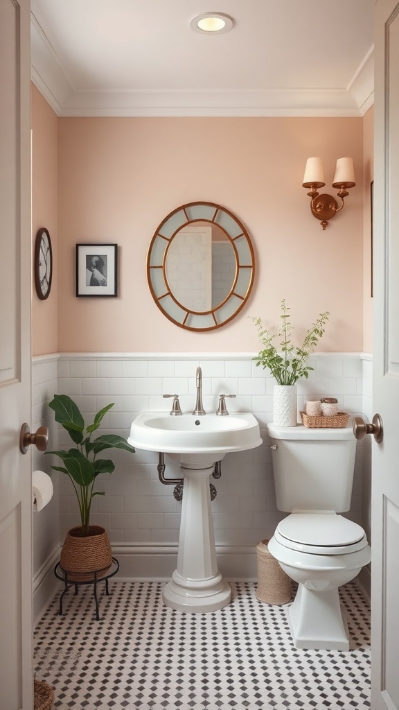 A stylish bathroom featuring a pedestal sink, gold-framed mirror, and potted plants.
