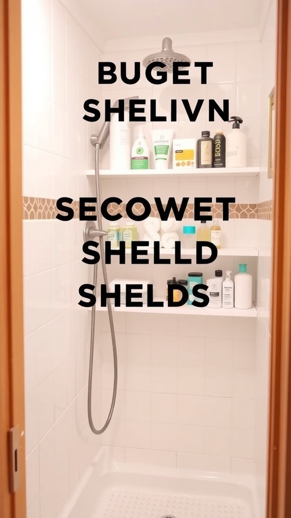 A shower with budget-friendly shelves holding various bottles and products.
