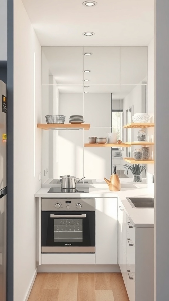 A modern small kitchen featuring mirrored surfaces, bright natural light, and smart storage solutions.