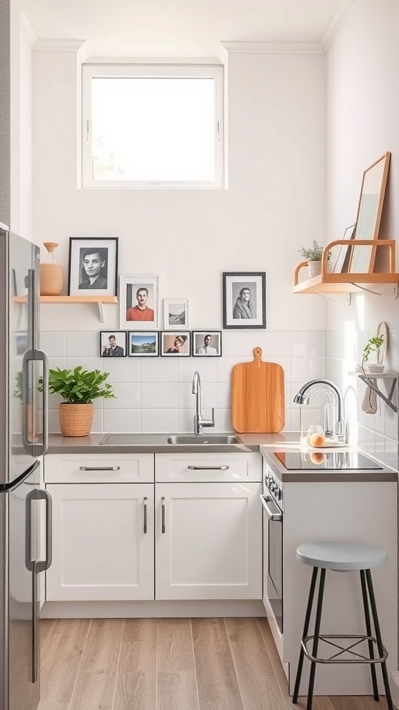 A bright, modern small kitchen with wall-mounted shelves, a compact kitchen island, and personal decor.