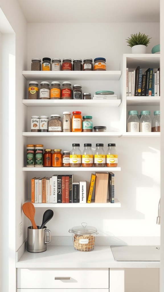A small kitchen with bright natural light, featuring wall-mounted shelves filled with jars, spices, and cookbooks, showcasing a modern minimalist design.