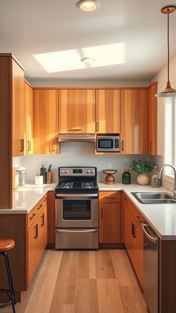 A mid century modern kitchen with warm wood cabinets and sleek hardware.