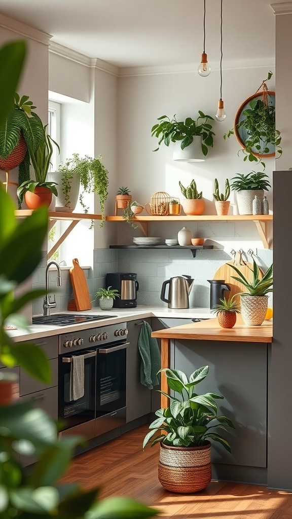 A cozy urban kitchen filled with greenery, featuring modern cabinets, wooden countertops, and open shelving.