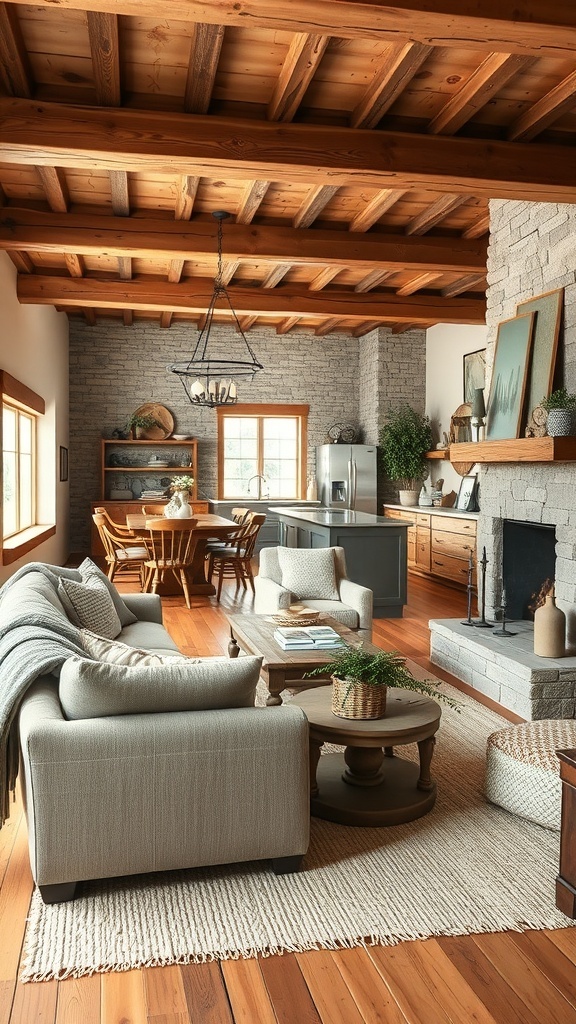 A cozy rustic kitchen and living room combo with wood beams, stone accents, and textured fabrics.