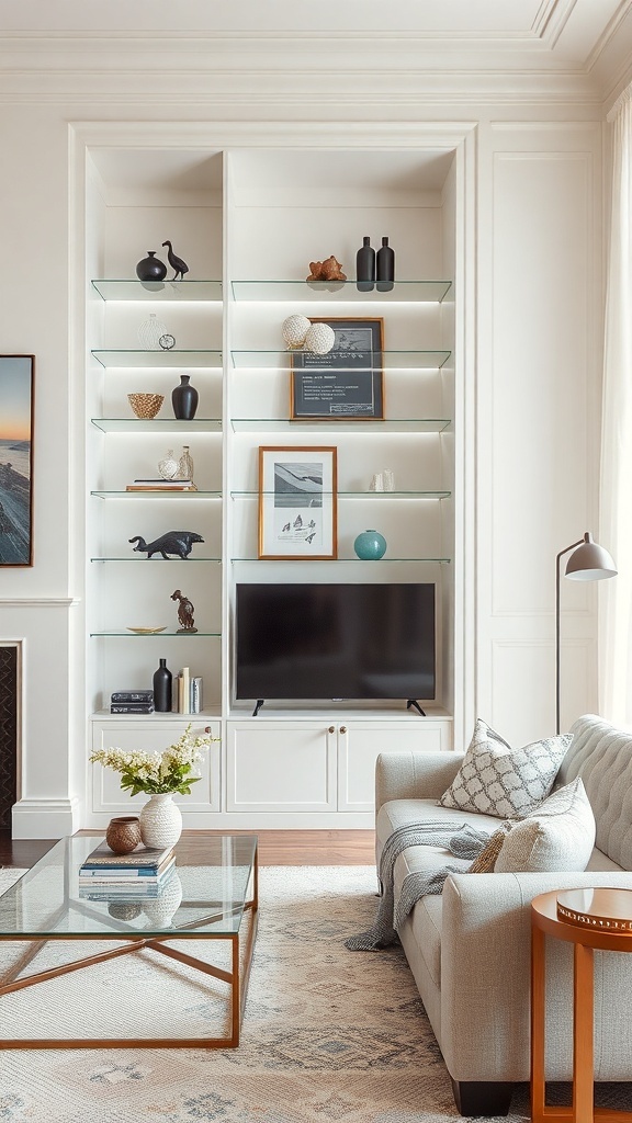 A modern living room featuring sleek glass shelves with decorative items, a television, and a comfortable sofa.