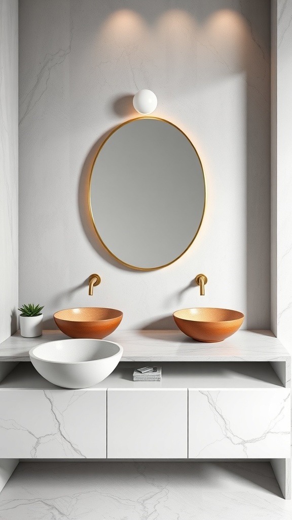 Stylish bathroom with two vessel sinks on a marble-like countertop, featuring a round mirror and modern lighting.