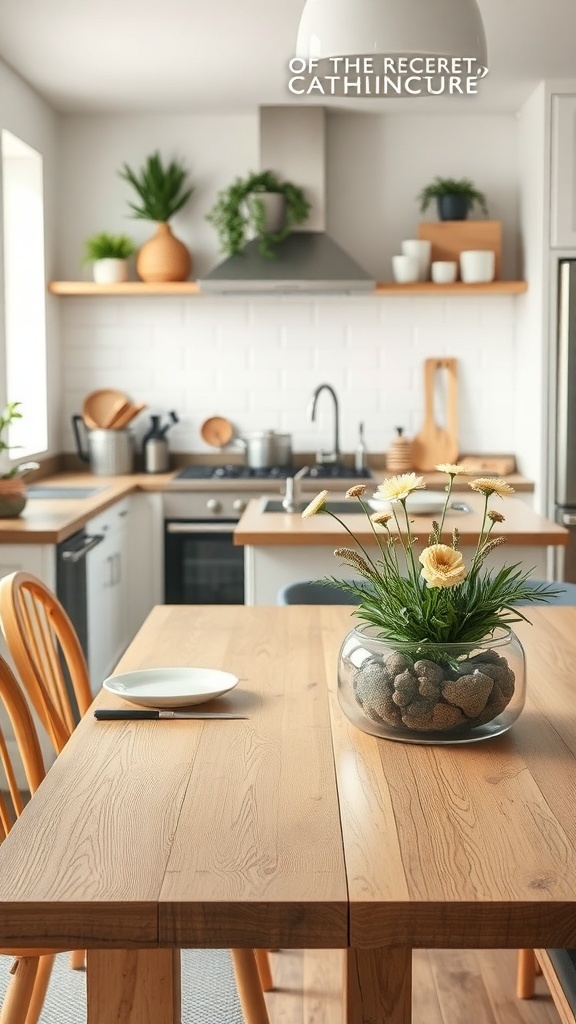 A modern kitchen with a wooden dining table featuring a glass vase filled with flowers and stones as a centerpiece.