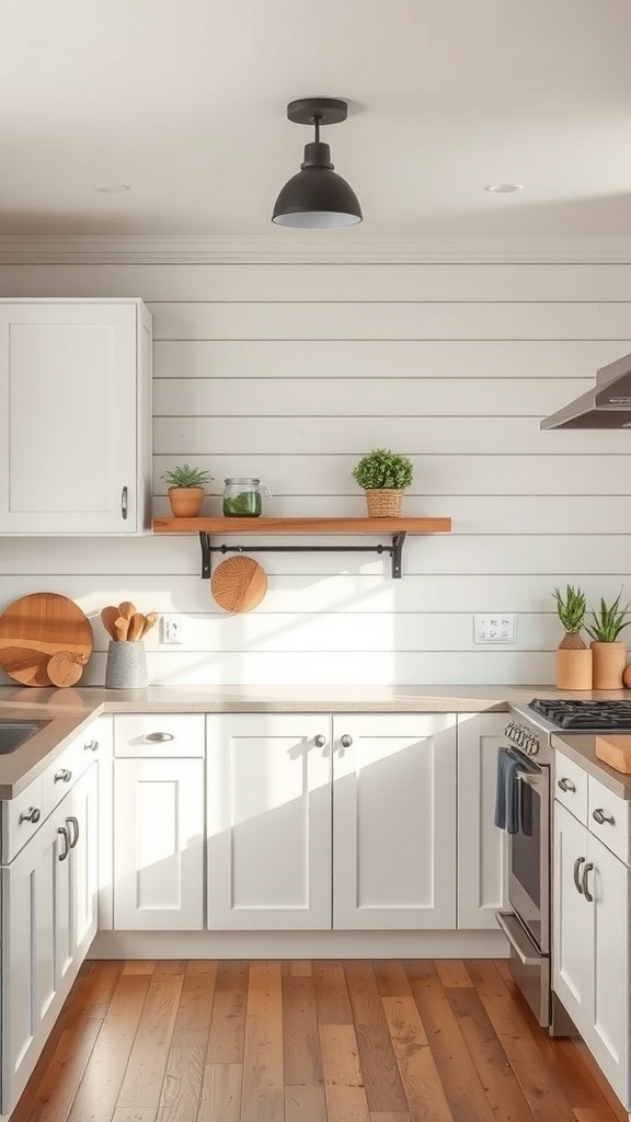 A kitchen featuring a rustic whitewashed shiplap backsplash with wooden accents.