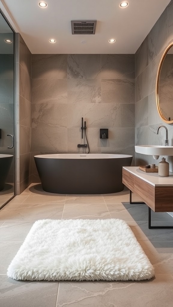 A chic white fluffy bath mat in a modern bathroom with a dark tub and sleek tiles.