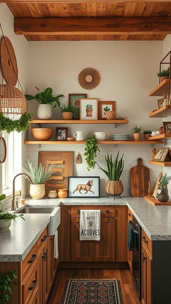 A cozy bohemian kitchen with wooden shelves, plants, and rustic decor.