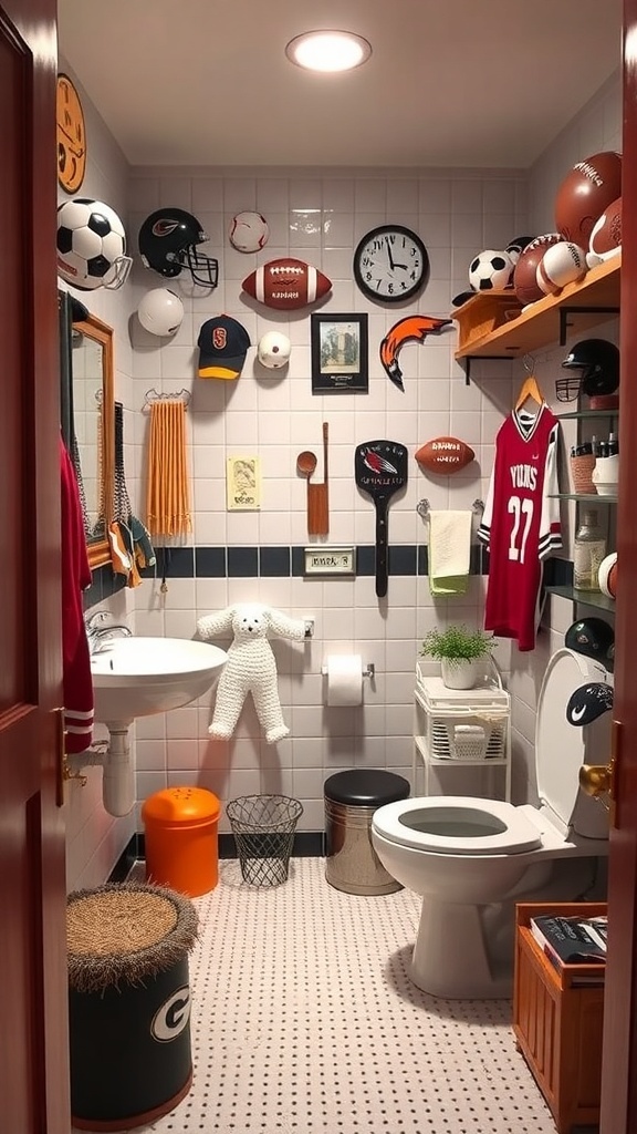 A sports-themed bathroom decorated with various sports memorabilia including balls, helmets, and jerseys.