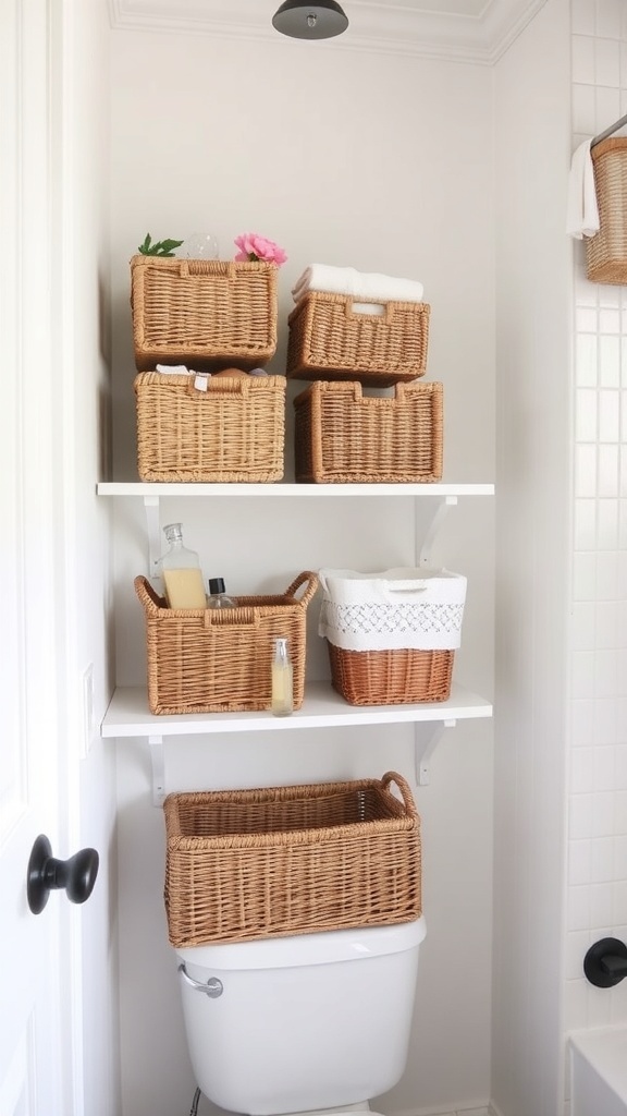 A farmhouse bathroom with woven baskets on shelves, organized and stylish.
