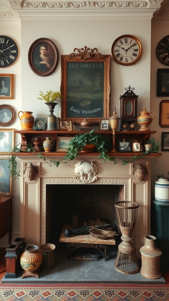 A vintage-style fireplace mantel decorated with antique clocks, vases, and framed portraits, showcasing a charming and inviting atmosphere.