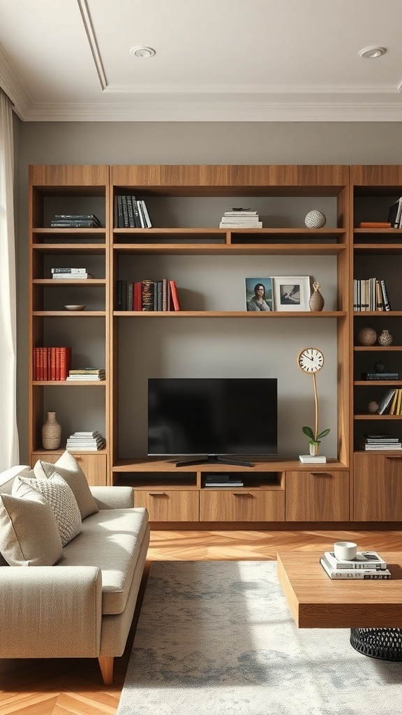 A living room with a mix of open and closed shelving, featuring books, decorative items, and a cozy sofa.