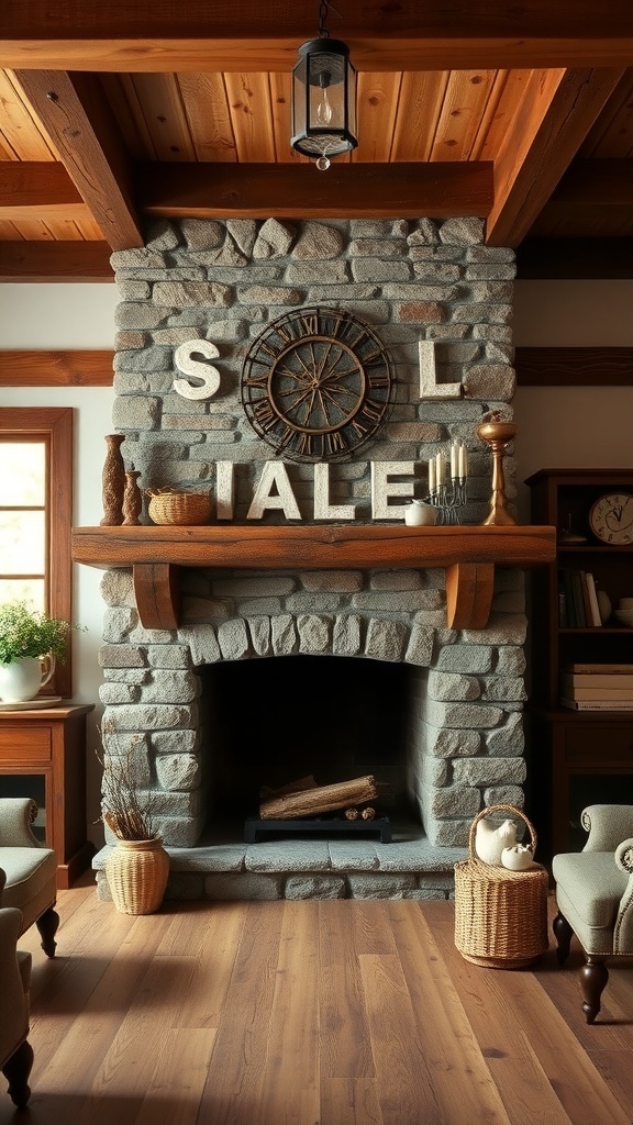 Rustic stone fireplace in a farmhouse living room with wooden mantel and cozy decor.