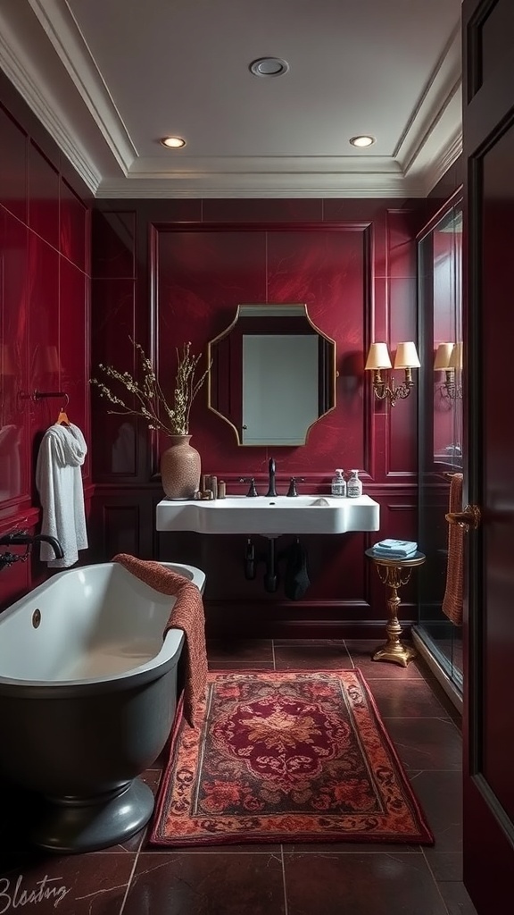 A luxurious bathroom featuring rich burgundy walls, a stylish bathtub, and elegant decor.