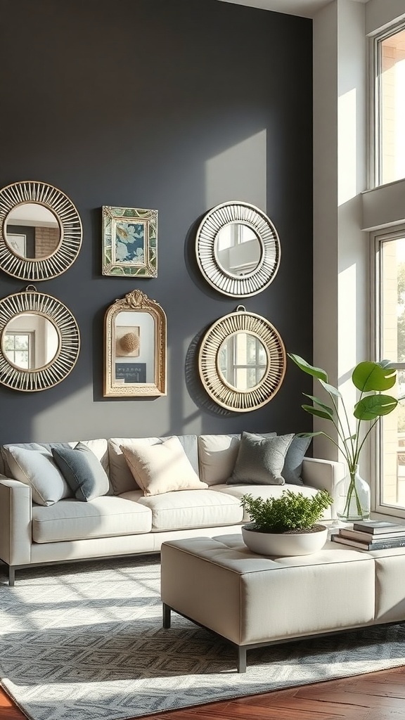 A living room featuring a wall with various mirrors and framed art, complemented by a cozy sofa and a plant.