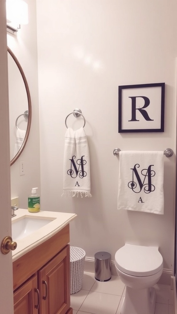 A bathroom with monogrammed towels and a framed letter on the wall.