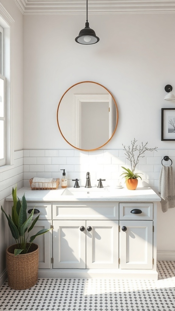 A bright bathroom featuring classic white subway tiles, a modern vanity, and a round mirror.