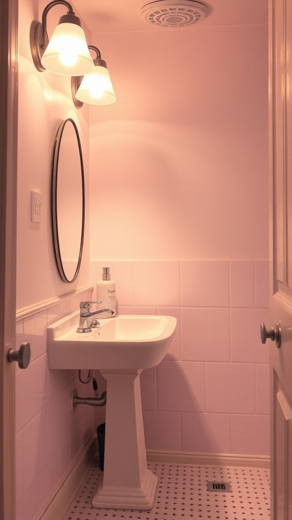 A cozy bathroom with soft lighting fixtures and pink walls.