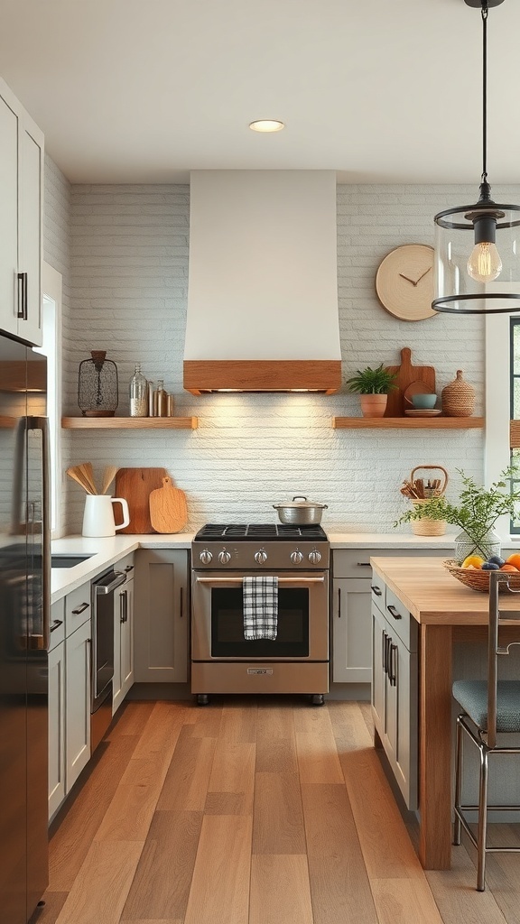 A modern farmhouse kitchen featuring a textured white brick wall, gray cabinets, and wooden accents.