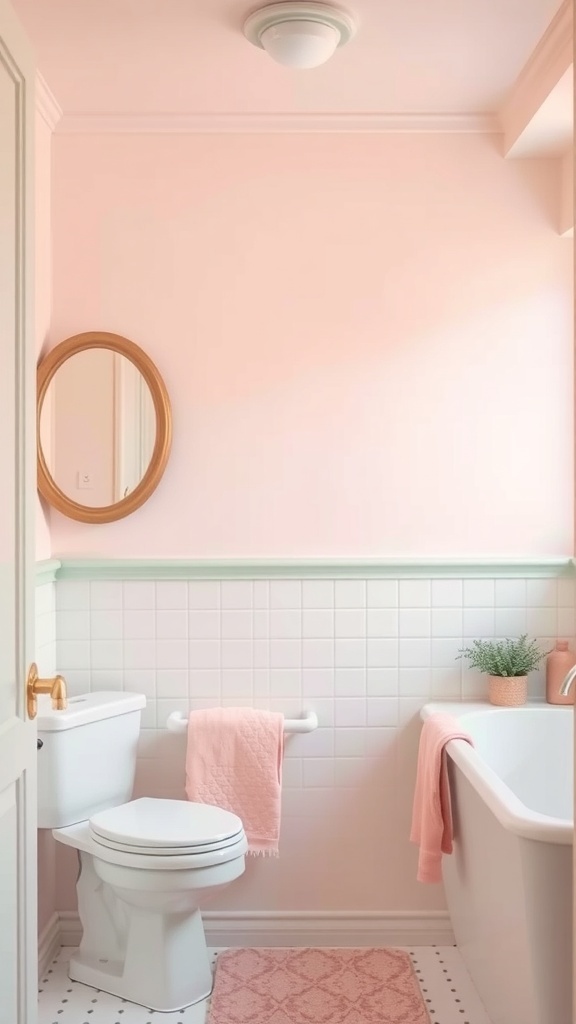 A serene bathroom with soft pink walls, white tiles, and pastel accents.