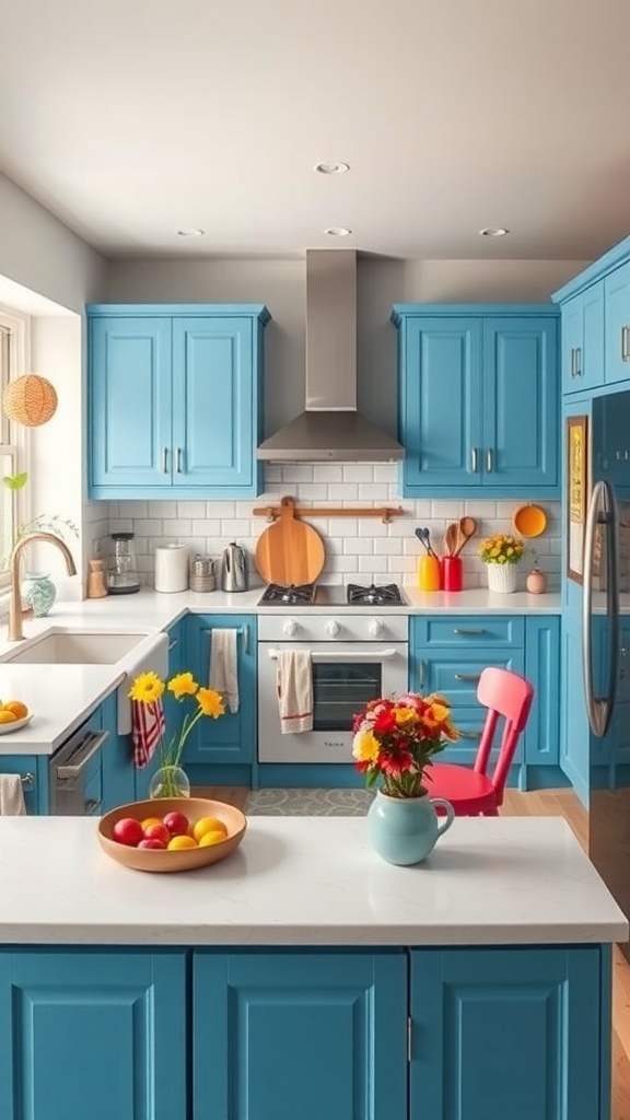 Bright blue kitchen cabinets with white backsplash and colorful decor