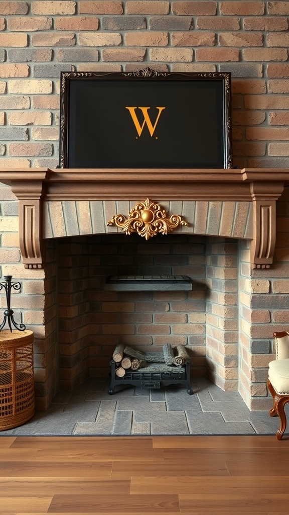 A stone brick fireplace with gold accents and a framed artwork above the mantel.