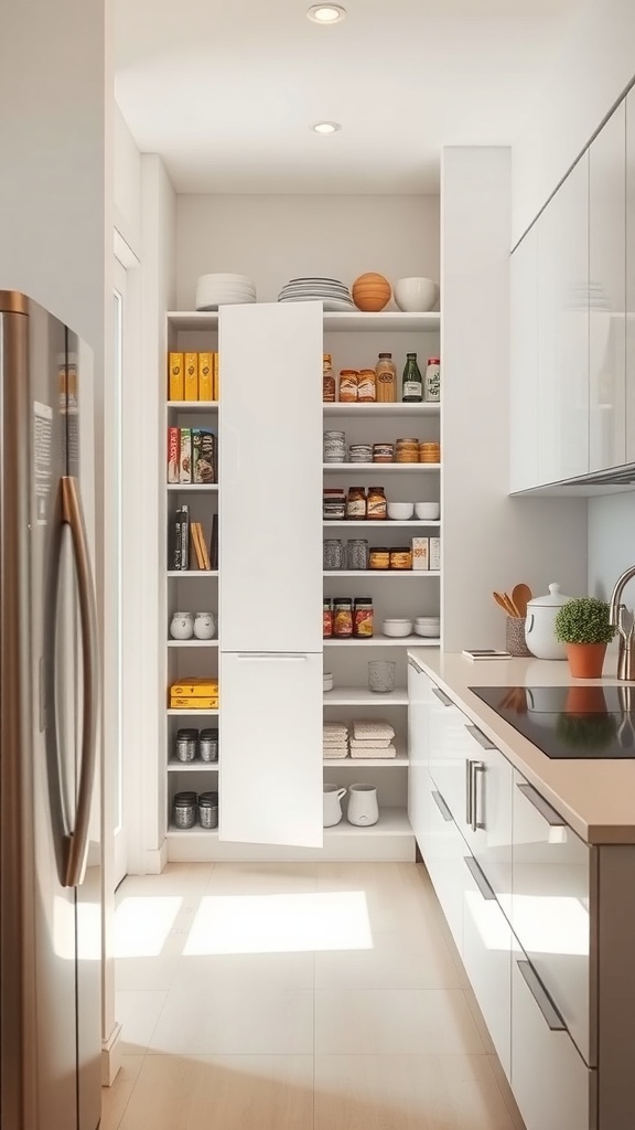 A modern small kitchen featuring a sleek pantry cabinet filled with neatly organized food items, bright natural light, and a compact kitchen island.