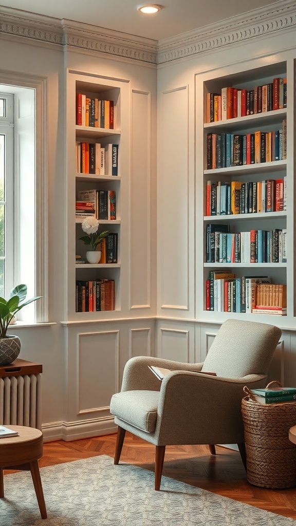 Cozy corner nook with built-in bookshelves and a comfortable chair