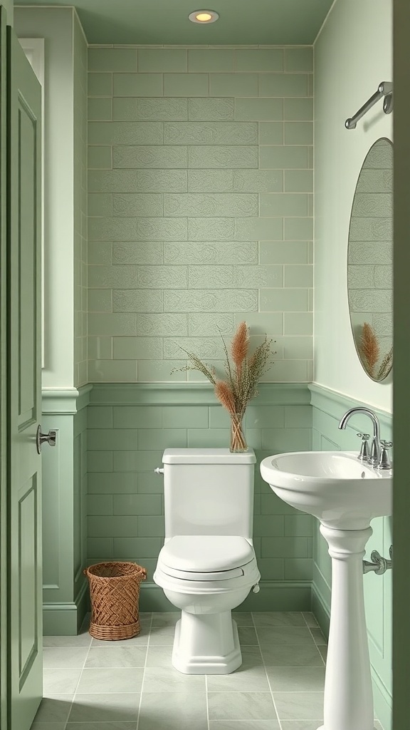A sage green bathroom with textured tiles, a white toilet, and a pedestal sink, featuring natural decor elements.