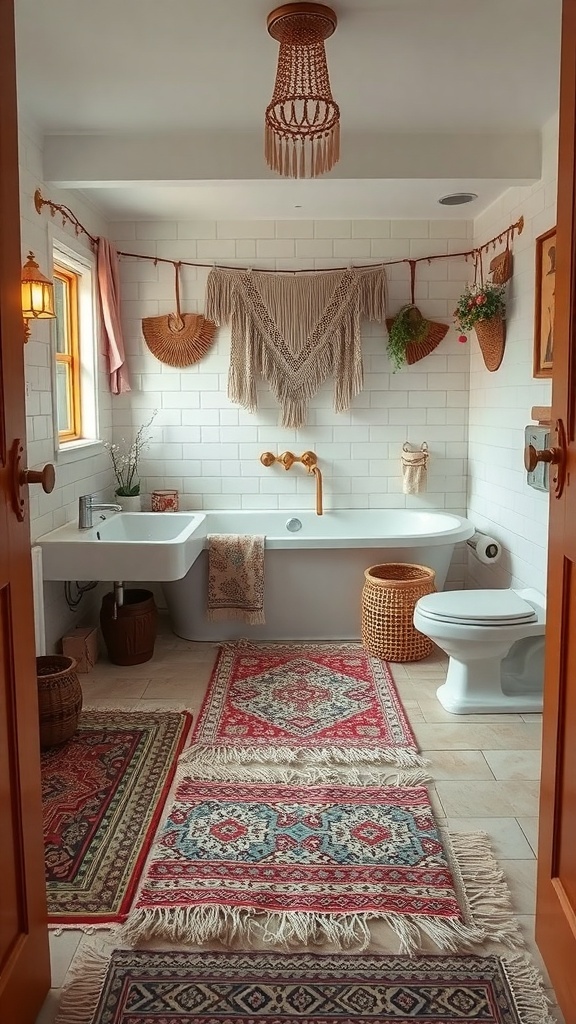 A bohemian-style bathroom featuring layered rugs, a bathtub, and decorative elements.