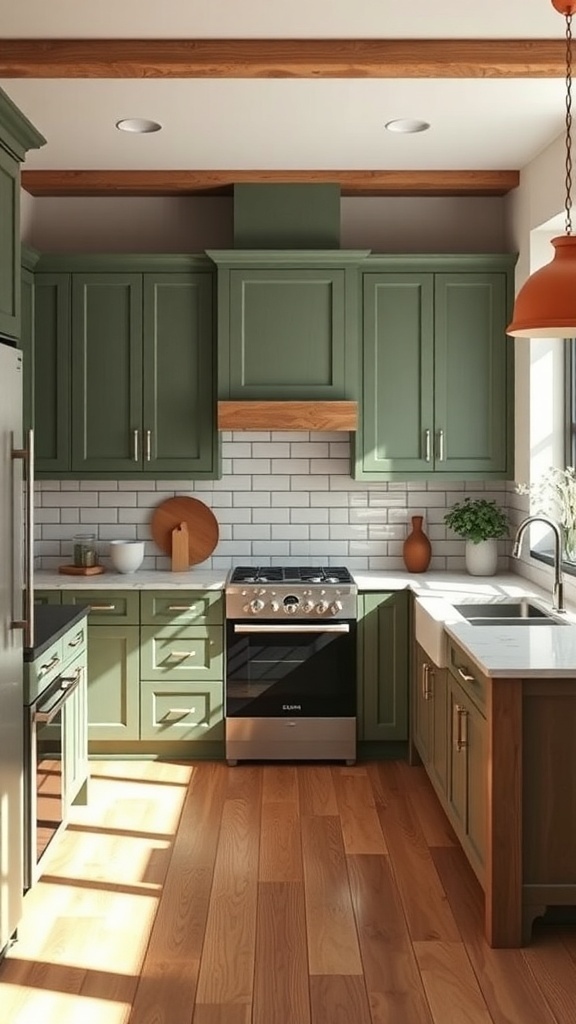 A modern kitchen featuring olive green cabinets, natural wood accents, and a bright, airy atmosphere.
