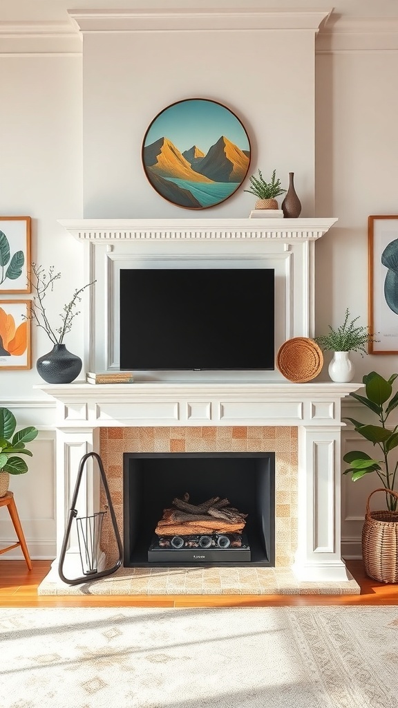 A modern fireplace with a white mantel, black insert, and decorative elements like plants and artwork.